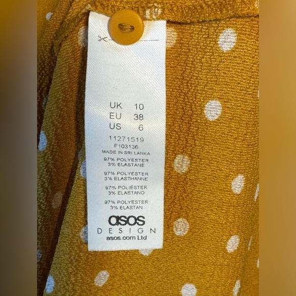 Size 6 polkadot, midi, button-down dress, mustard, yellow V-neck waist. ASOS - Picture 10 of 11